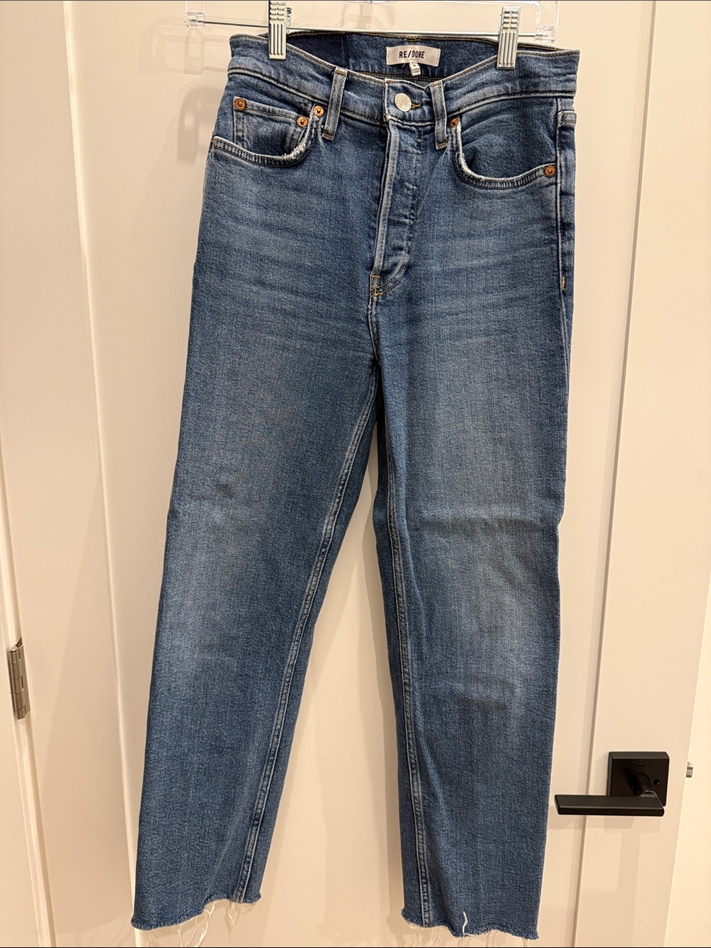 Re/Done Womens Slim Straight Jeans in Faded Blue Denim